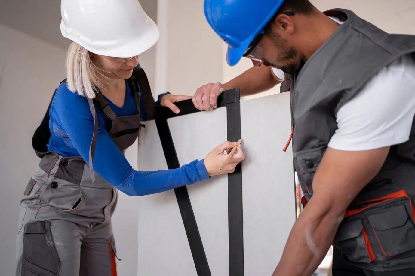 Kollegen bei der gemeinsamen Arbeit aus der Froschperspektive